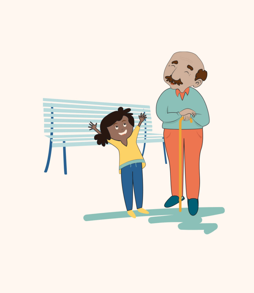 illustratie van een klein kind met een opa aan een bankje