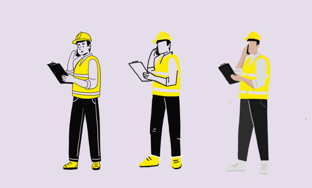 Een werkman met veiligheidsvest en -helm in 3 verschillende tekenstijlen.