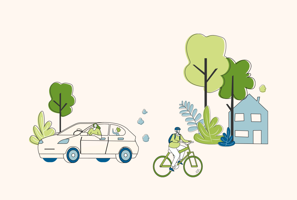 Een illustratie van een auto, een fiets en een huis tussen bomen