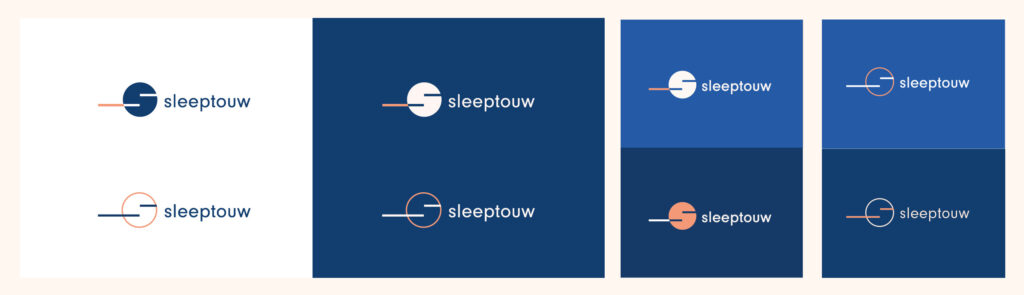 Het logo van Sleeptouw in verschillende varianten en kleur-combinaties